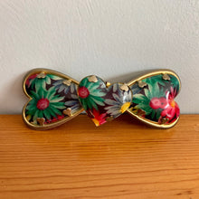 Load image into Gallery viewer, Vintage Painted Floral Triple Heart Bow Hair Barrette Green Yellow Dark Pink Red
