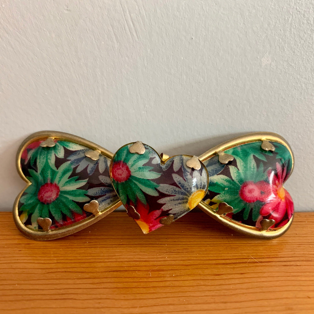 Vintage Painted Floral Triple Heart Bow Hair Barrette Green Yellow Dark Pink Red