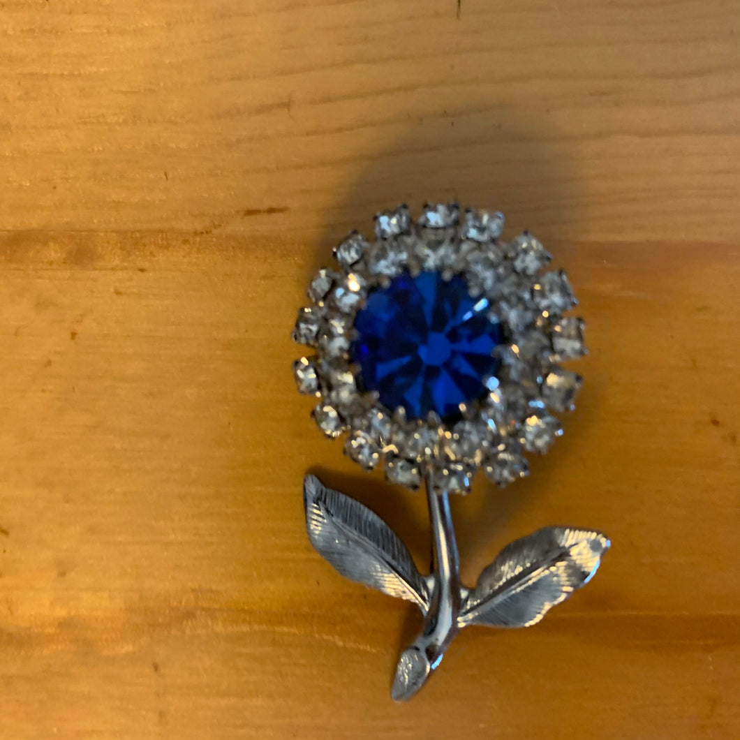 Vintage Faux Diamond Blue Sapphire Gemstone Rhinestone Mini Flower Brooch