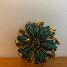 Load image into Gallery viewer, Vintage 3D 60’s 70’s Metal Green Gemstone Teal Gold Flower Brooch Peacock Style
