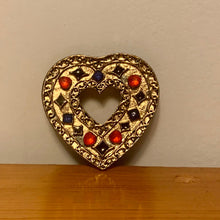 Load image into Gallery viewer, Vintage Gold Tone Heart Shaped Filigree Red, Black, and Blue Gemstones Brooch
