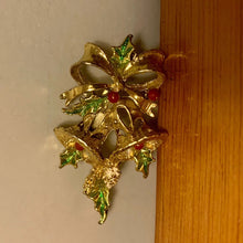 Load image into Gallery viewer, Vintage Christmas Gold Red Green Holly Berry Berries Leaves Bells Bow Brooch
