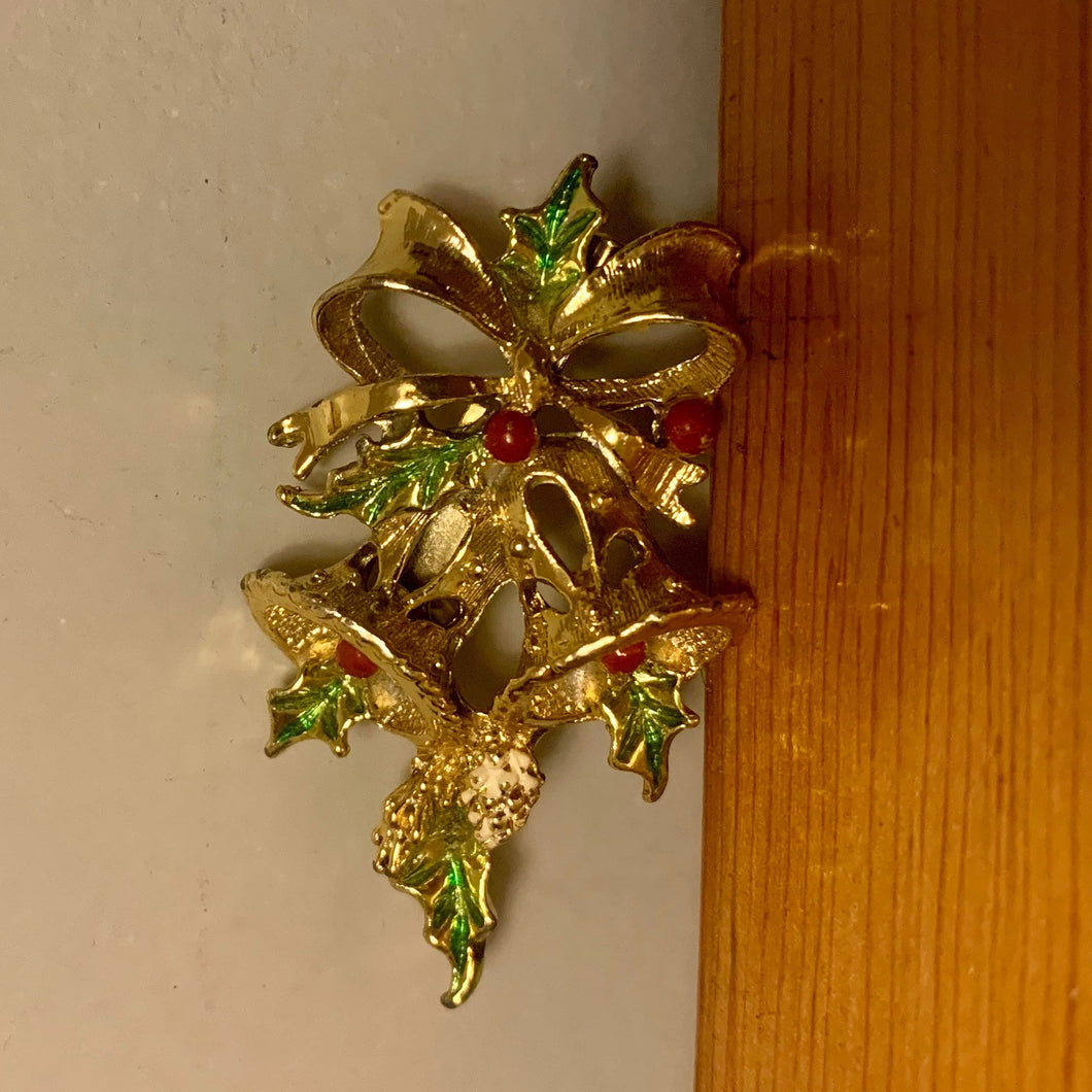 Vintage Christmas Gold Red Green Holly Berry Berries Leaves Bells Bow Brooch