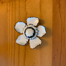 Load image into Gallery viewer, Vintage Mod 60’s 70’s White and Black Painted Trimmed 3D Metal Flower Brooch
