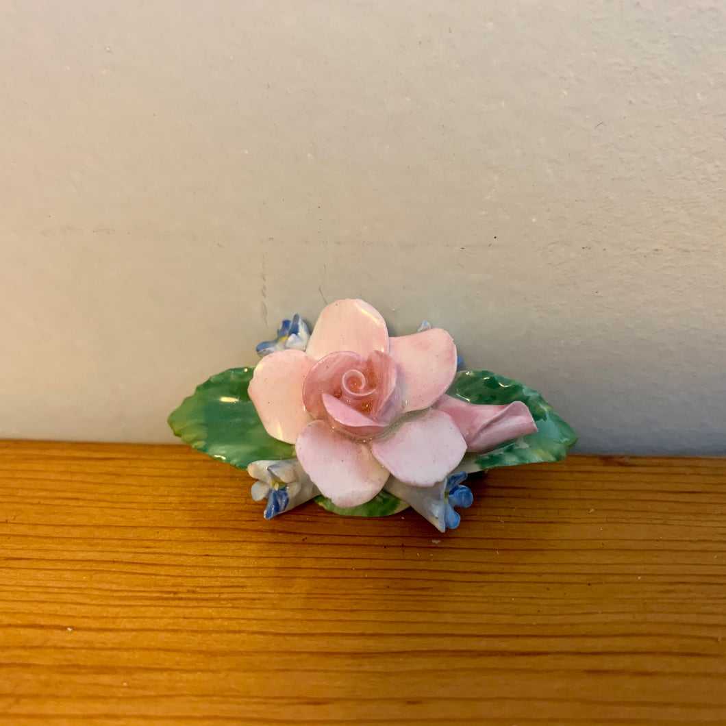 Vintage Bone China Pink Blue Rose Bud Flower Hand Painted Brooch