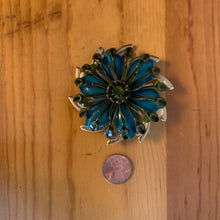 Load image into Gallery viewer, Vintage 3D 60’s 70’s Metal Green Gemstone Teal Gold Flower Brooch Peacock Style
