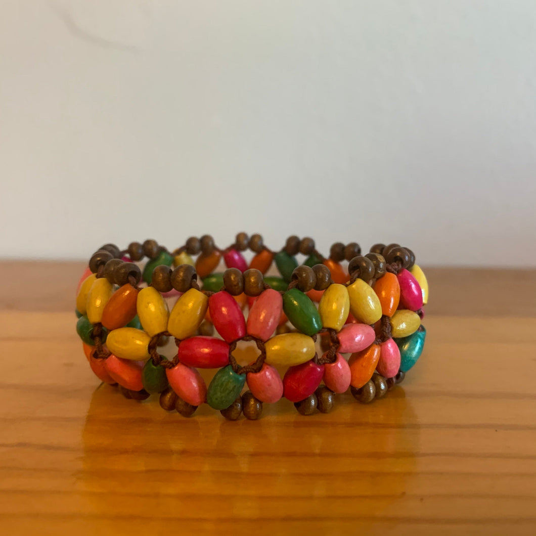 Vintage Boho Hippie Bead Floral Brown Rainbow Flower Stretch Lightweight Bracelet