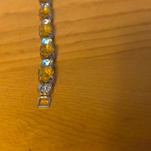 Load image into Gallery viewer, Vintage Signed Kramer NY Silver Tennis Bracelet Yellow Citrine Stone Clear Rhinestones 7&quot;
