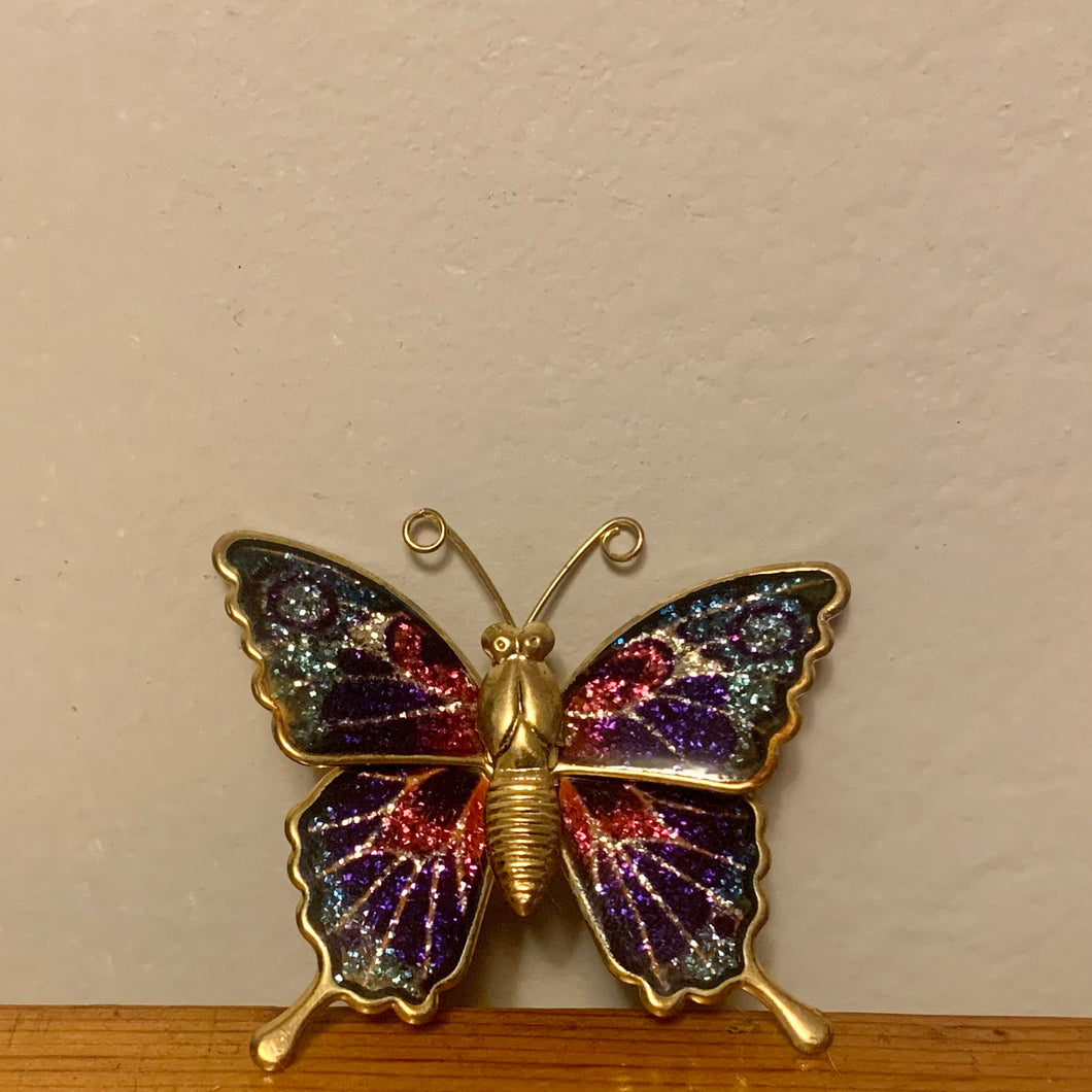 Vintage Gold Tone Glitter Butterfly Foil Enamel Brooch Purple Pink Green