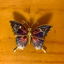 Load image into Gallery viewer, Vintage Gold Tone Glitter Butterfly Foil Enamel Brooch Purple Pink Green
