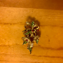 Load image into Gallery viewer, Vintage Christmas Gold Red Green Holly Berry Berries Leaves Bells Bow Brooch
