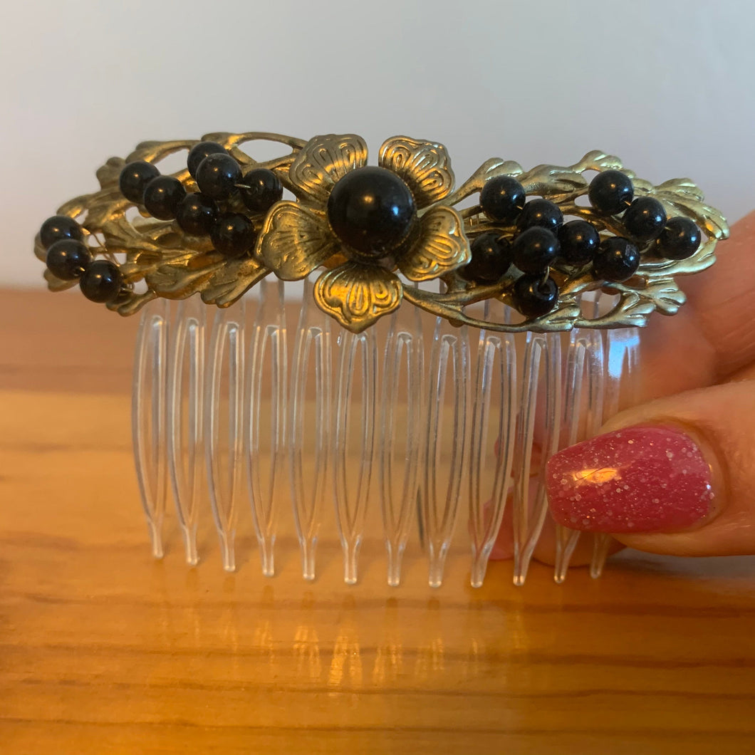 Vintage Metal Decorative Hair Comb Beaded Brass Tone Gold Flowers Black Beads