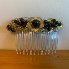 Load image into Gallery viewer, Vintage Metal Decorative Hair Comb Beaded Brass Tone Gold Flowers Black Beads
