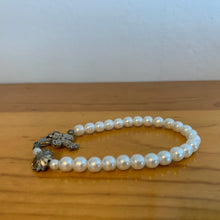 Load image into Gallery viewer, Vintage Faux White Pearl 7” Christian Cross Metal Faded Silver Tone Bracelet
