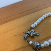 Load image into Gallery viewer, Vintage Faux White Pearl 7” Christian Cross Metal Faded Silver Tone Bracelet
