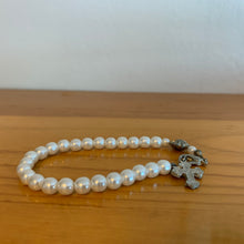 Load image into Gallery viewer, Vintage Faux White Pearl 7” Christian Cross Metal Faded Silver Tone Bracelet
