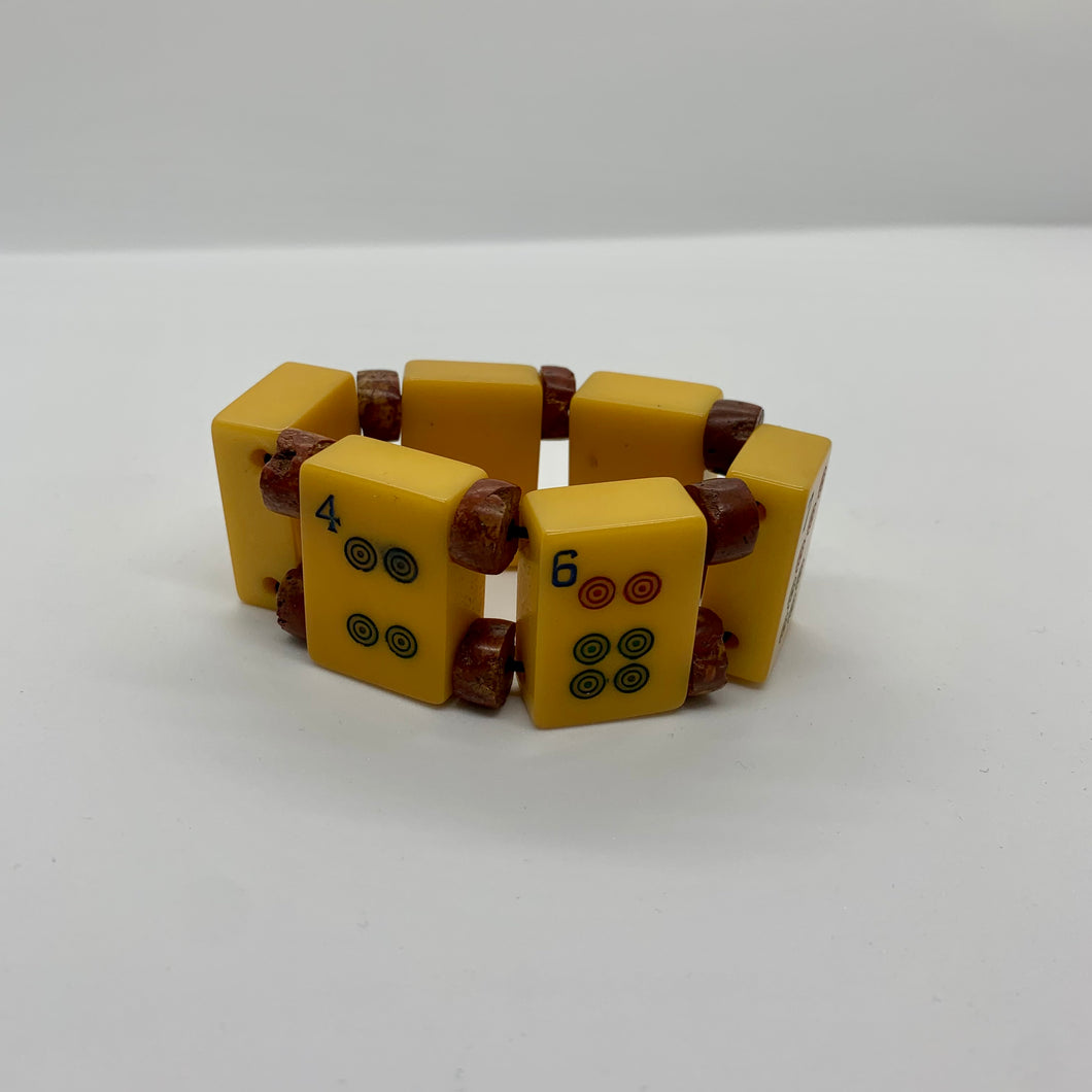 Vintage Jewelry Mah Jong Yellow Bakelite Stretch Brown Beaded Boho Bracelet