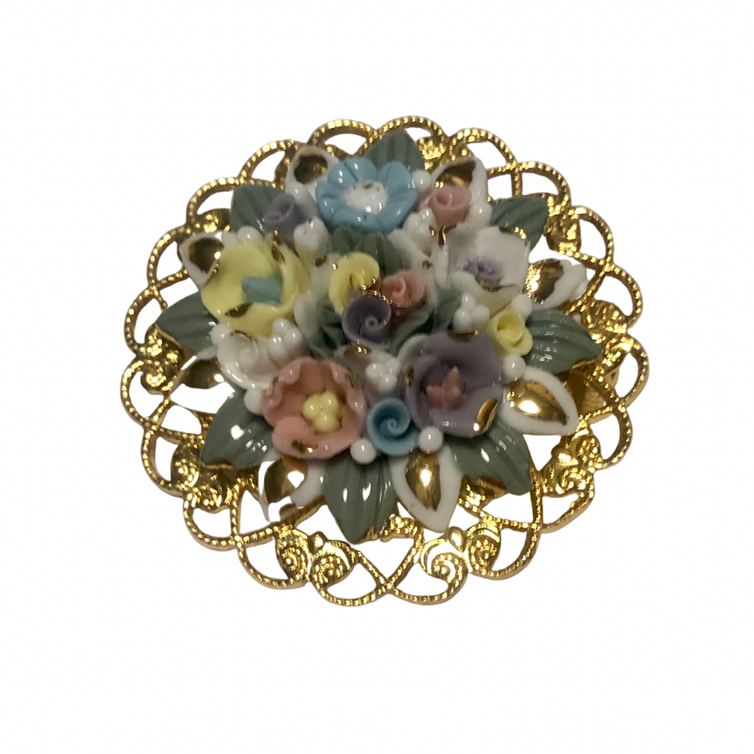 Vintage Jewelry Multicolored Enamel Floral Flower Bouquet Gold Openwork Filigree Brooch Pin