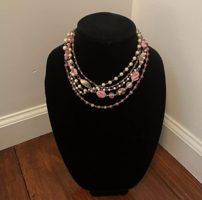 Vintage Signed Japan Patina Pink Gold Faux Pearl Beaded Multistrand 18” Necklace