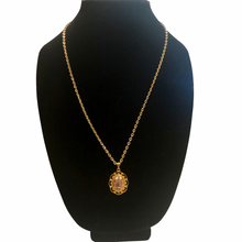 Load image into Gallery viewer, Vintage Jewelry Gold Tone Openwork Filigree Mauve Rose Floral Flower Pendant Necklace
