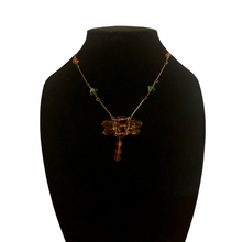 Load image into Gallery viewer, Handmade by Rose, Antique Style Orange Green Beaded Crystal Dragonfly Copper Necklace
