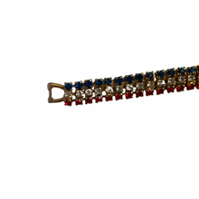 Load image into Gallery viewer, Vintage Jewelry Sparkling Red White ( Clear ) Blue Rhinestone Gold Tone Patriotic American Flag Bracelet
