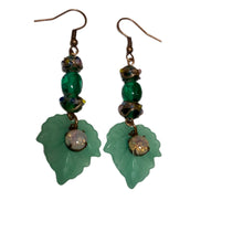 Load image into Gallery viewer, Handmade by Rose Green Leaf Vintage Glass Haskell and Venetian Wedding Cake Floral Beaded Copper Fire Opal Dangle Earrings
