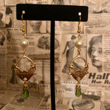 Load image into Gallery viewer, Handmade by Rose, Art Nouveau Style Gold Lilly Flower Vintage Faux Pearl and Peridot Drop Earrings
