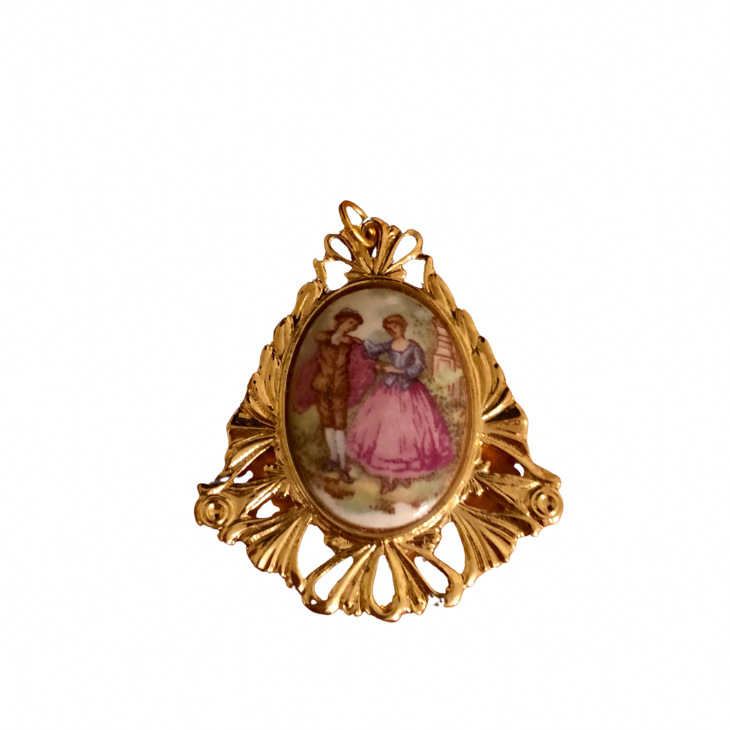 Vintage Jewelry Multicolored Gold Tone Lover’s Portrait Cameo Necklace Pendant