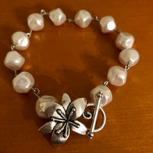 Load image into Gallery viewer, Handmade by Rose, Vintage White Acrylic Large Baroque Pearl Silver Wire wrapped Bracelet
