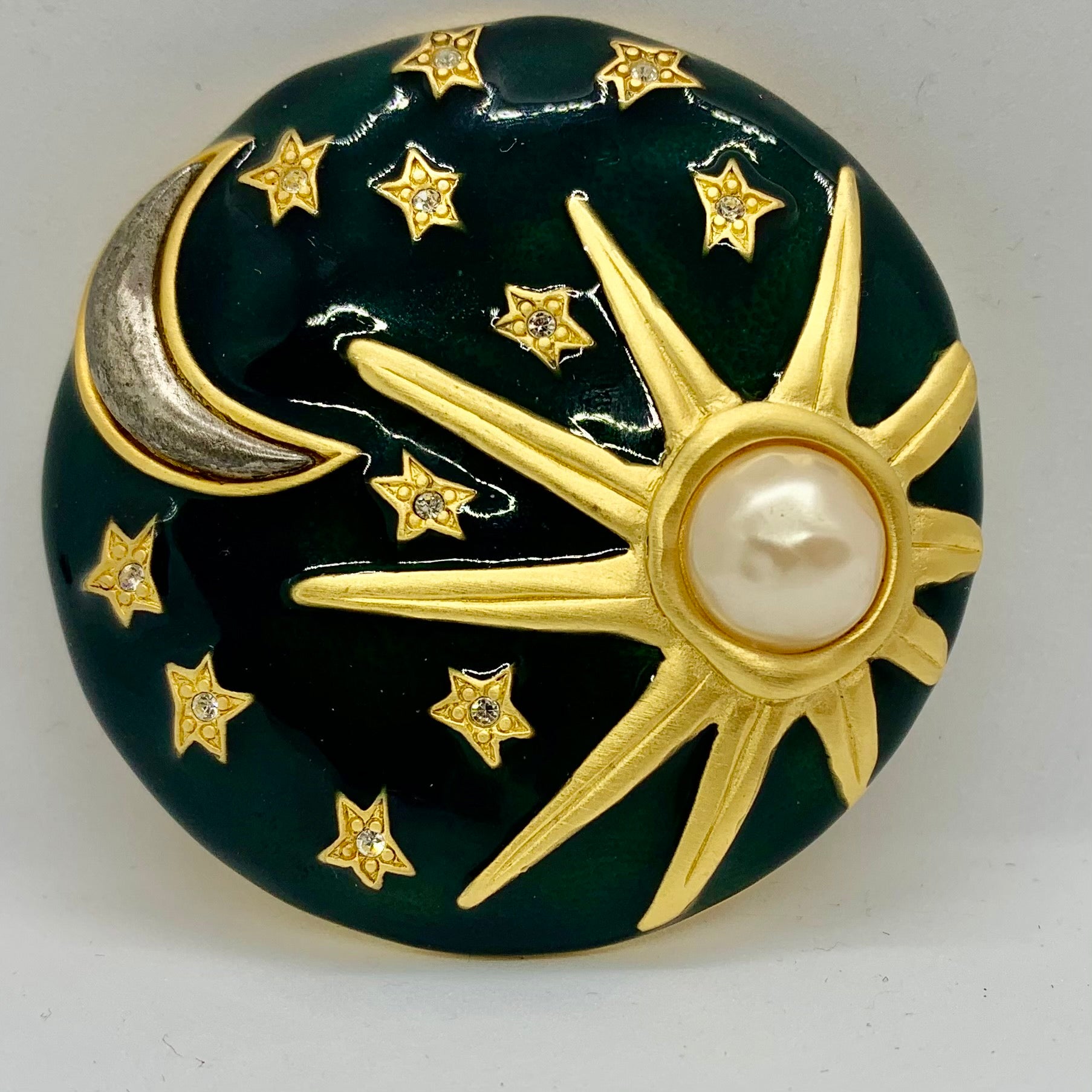 Vintage Karl Lagerfield for Chanel Sun Moon Stars Emerald Enamel Brooch  Green Gold