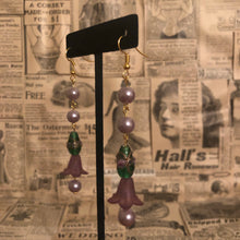 Load image into Gallery viewer, Handmade by Rose, Purple Lucite Bell Flower Pearl Dangle Vintage Venetian Green Floral Wedding Cake Bead Gold Earrings
