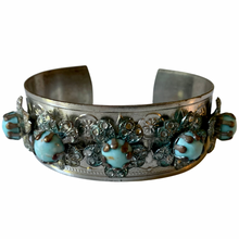 Load image into Gallery viewer, Vintage Middle Eastern Silver Tone Filigree Faux Turquoise Glass Bead Floral Metal Cuff Bracelet
