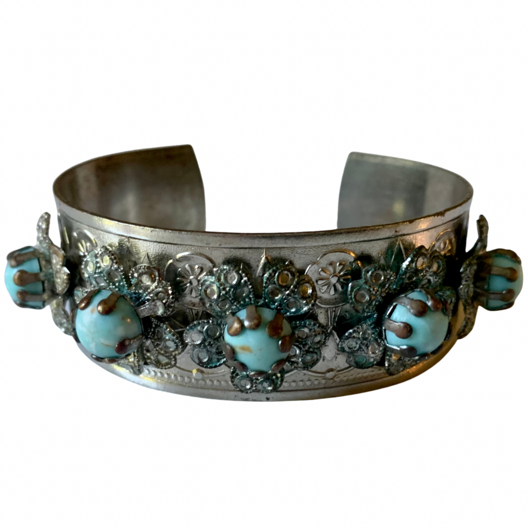 Vintage Middle Eastern Silver Tone Filigree Faux Turquoise Glass Bead Floral Metal Cuff Bracelet