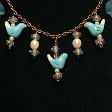 Load image into Gallery viewer, Handmade by Rose Teal Turquoise tone Pearl Three Little Bird Copper Venetian Wedding Cake Beaded Necklace
