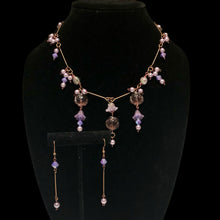 Load image into Gallery viewer, Handmade by Rose Vintage Copper and Purple Glass Rose Floral Bell Flower Necklace Earrings Beaded Jewelry Set
