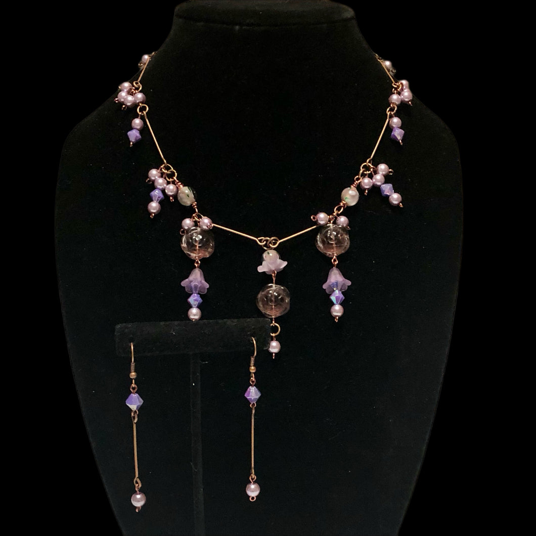 Handmade by Rose Vintage Copper and Purple Glass Rose Floral Bell Flower Necklace Earrings Beaded Jewelry Set