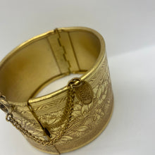 Load image into Gallery viewer, Vtg Signed Miriam Haskell Midcentury Gold Gilt Etched Floral Wide Hinged Cuff Bracelet
