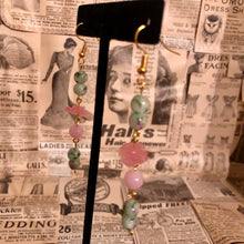 Load image into Gallery viewer, Handmade by Rose, Vintage Mint Green and Pink Rose and Haskell beads Floating Flower Earrings
