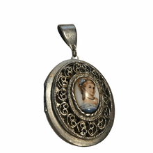 Load image into Gallery viewer, Vintage Jewelry Limoges Style Portrait Filigree Opening Silver Tone Locket Necklace Pendant
