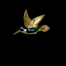 Load image into Gallery viewer, Vintage Jewelry Blue and Green Sparkling Enamel Rhinestone Hummingbird Gold Bird Brooch Pin
