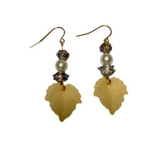 Load image into Gallery viewer, Handmade by Rose Yellow Leaf Vintage Faux Glass Baroque Pearl Clear Floral Venetian Wedding Cake Bead Fall Gold Tone Dangle Earrings
