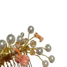 Load image into Gallery viewer, Handmade by Rose Pink Italian Branch Coral Reef Calla Lilly Flower Peach Crystal Faux Pearl Wedding Bridal Gold Hair Comb

