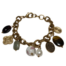 Load image into Gallery viewer, Vintage Jewelry Faux Pearl Tiger’s Eye Jade Brass Gold Tone Beaded Charm Bracelet
