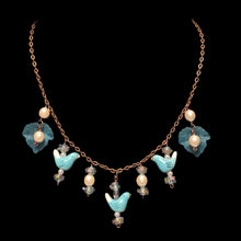 Load image into Gallery viewer, Handmade by Rose Teal Turquoise tone Pearl Three Little Bird Copper Venetian Wedding Cake Beaded Necklace
