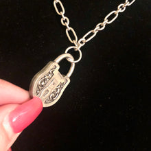 Load image into Gallery viewer, Handmade by Rose, Victorian Style Padlock Silver Pewter Bsue by 1928 Pendant on Handmade Vintage Chain
