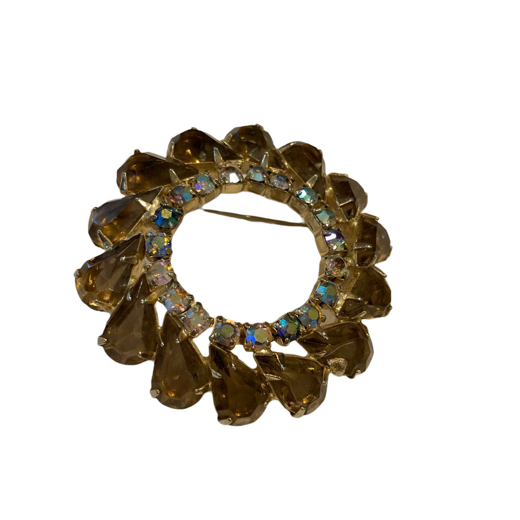 Vintage Czech Style Smoky Gray Rhinestone Gold Circular Wreath brooch with Rainbow Aurora Borealis AB Crystal accents