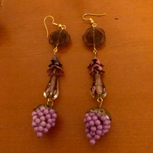 Load image into Gallery viewer, Handmade by Rose, Vintage Purple Pink Bell Floral Glass Flower Grape Cluster Gold Plated Earrings
