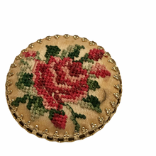 Load image into Gallery viewer, Vintage Jewelry West Germany Signed Gold Tone Pink and Green Floral Rose Flowers Needlepoint Round Brooch Pin
