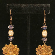 Load image into Gallery viewer, Handmade by Rose Art Nouveau Style Brass Lady Bronze Pearl Drop Blue Floral Venetian Wedding Cake Bead Long Earrings
